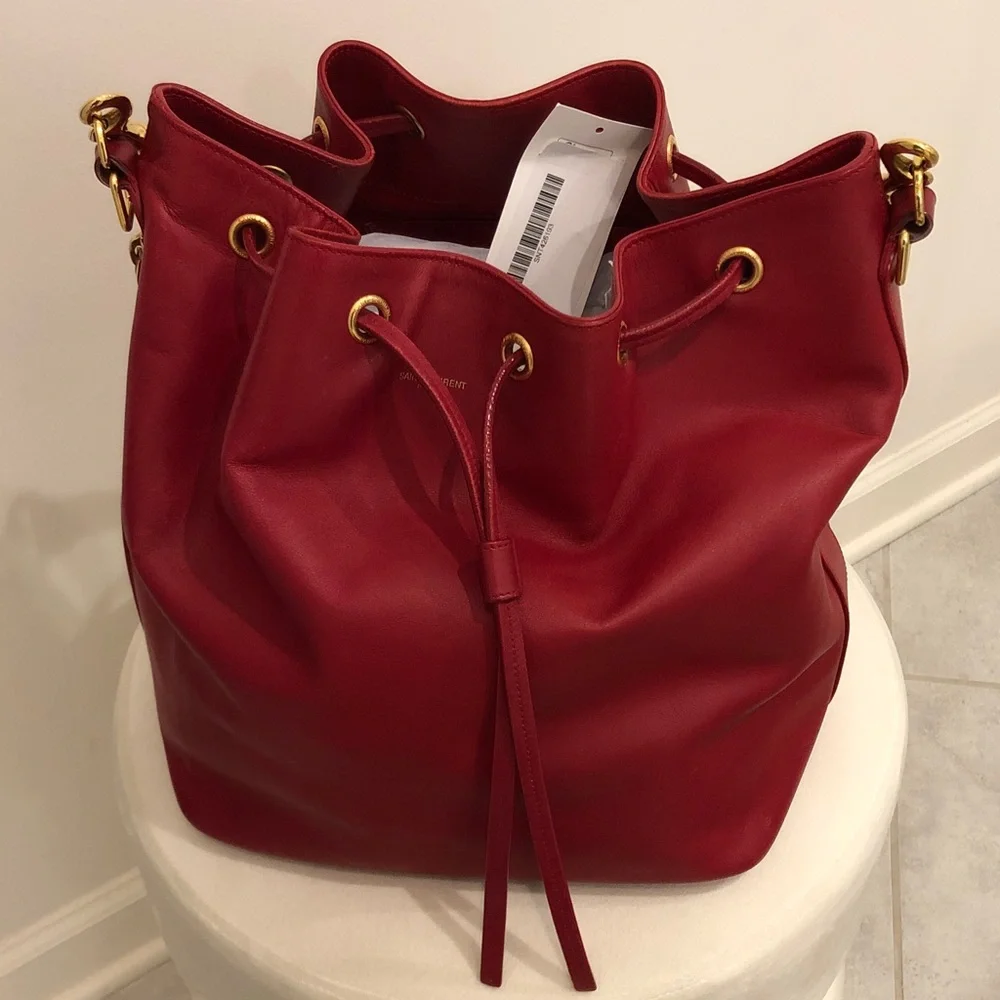 Saint Laurent Red Leather Drawstring Hobo with Gold-Tone Hardware